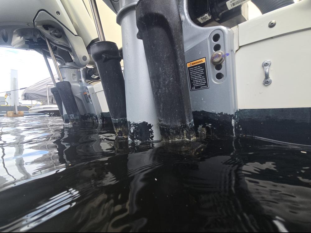 Outboard engine legs at the waterline after cleaning, seen from water level