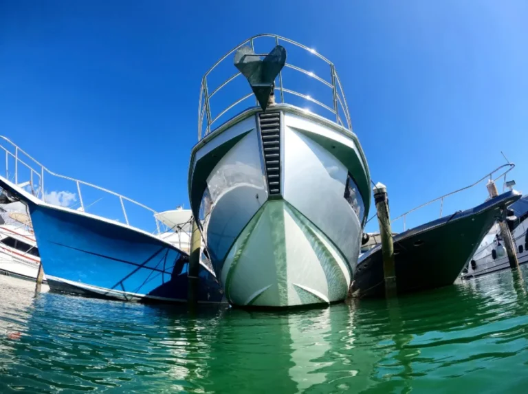 a bow of a ship as seen from the water at a marina in Miami
