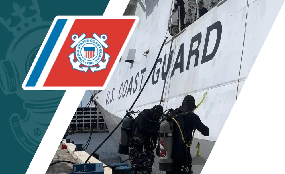 Divers prepare to clean a U.S. Coast Guard boat in Miami Beach